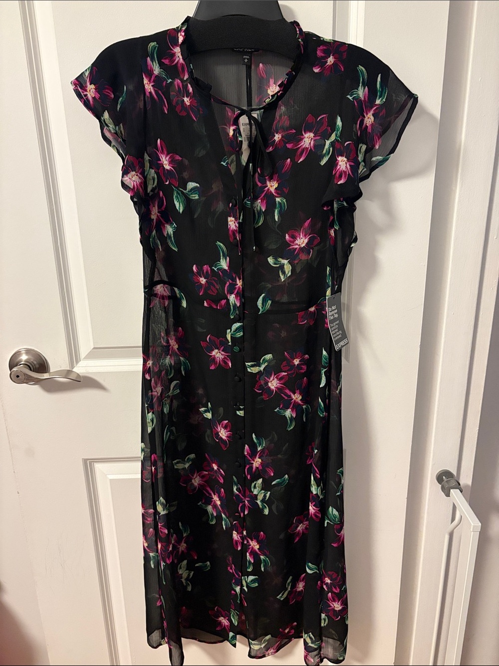 Express Black Floral Midi Dress with Pink & Green Bloom